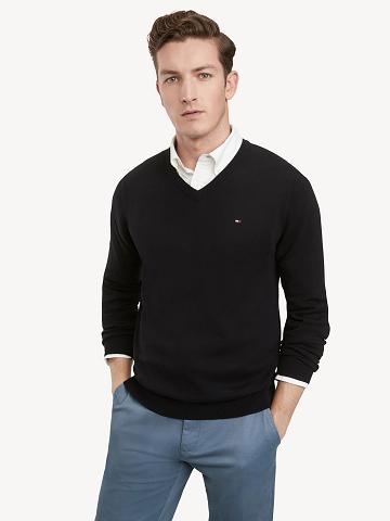 Férfi Tommy Hilfiger Essential V-Neck Pulóverek Fekete | HU 950NWY